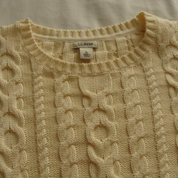 Vintage LL BEAN Buttercream Beige Long Sleeve CABLE Knit THICK SWEATER Sz LARGE - Picture 2 of 8